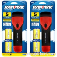 Rayovac Value Bright 5 LED 2D Rubber Flashlight with 2 D Batteries (2 Pack) + Fast Shipping   